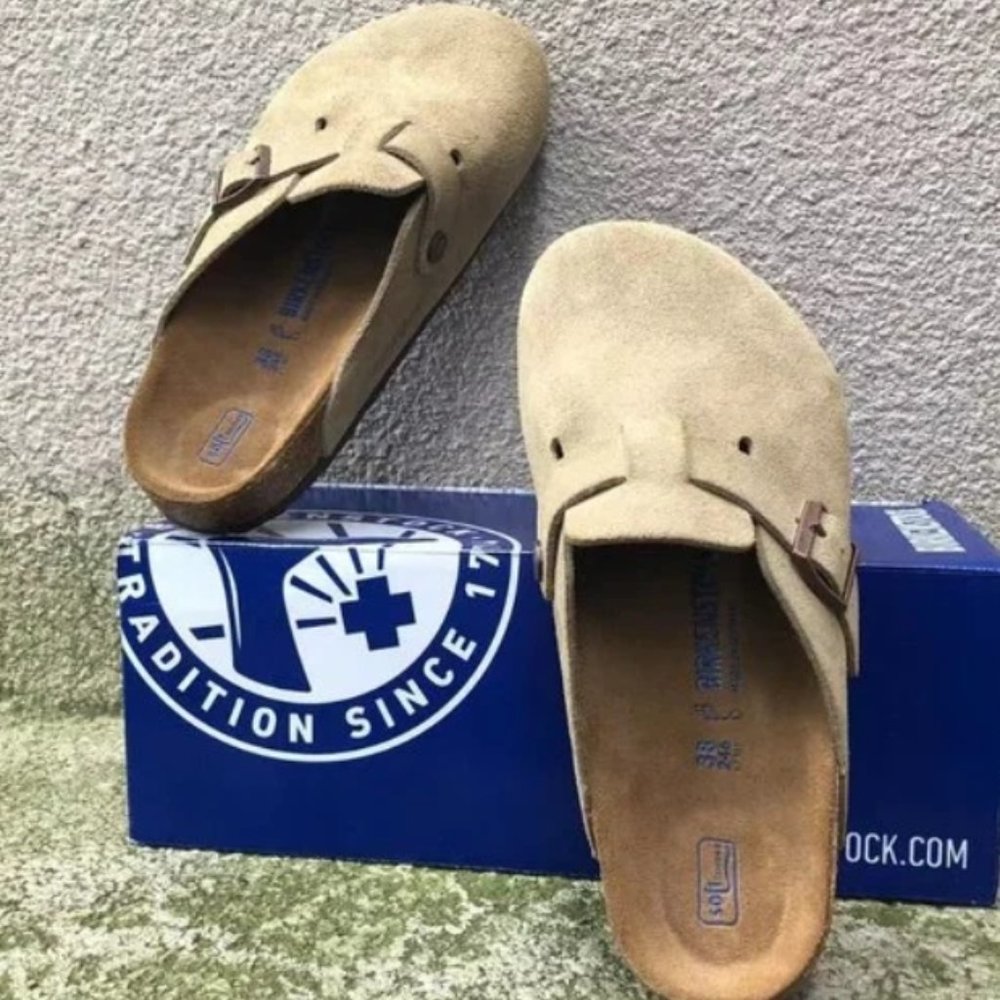 Birkenstock Boston Taupe Regular Fit Soft Footbed Suede Leather Shoes